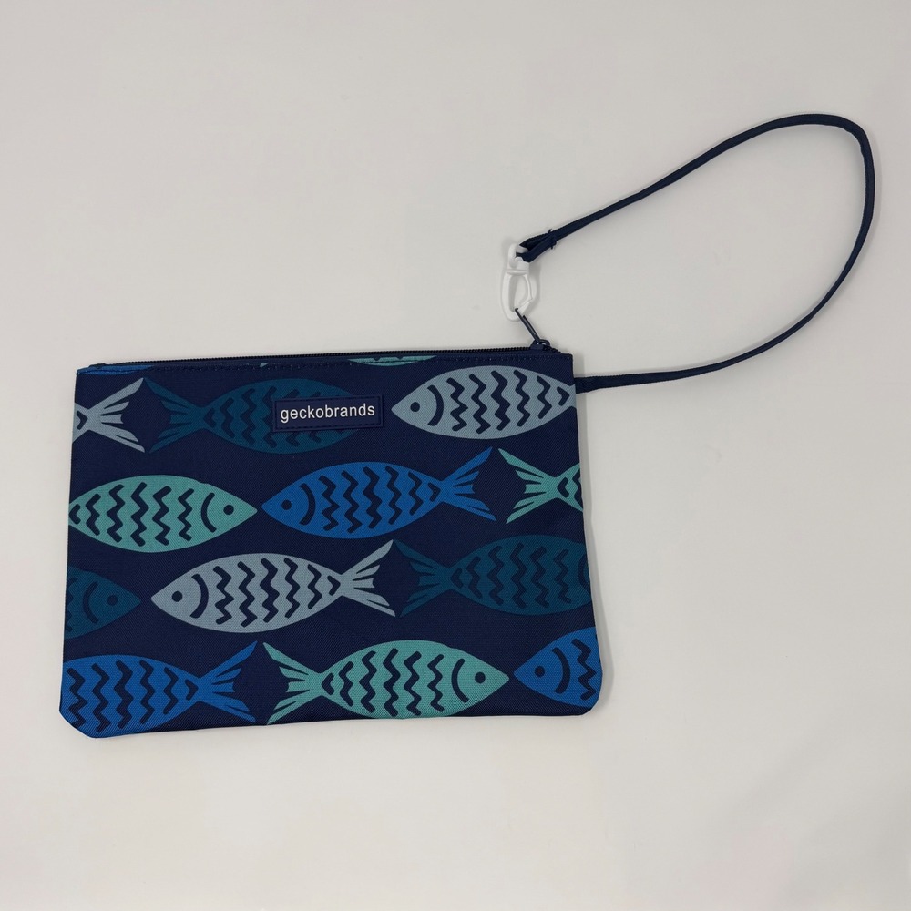 Gecko Brands Fish Print Insulated Wristlet Pouch Blue Coastal‎ Beach Bag